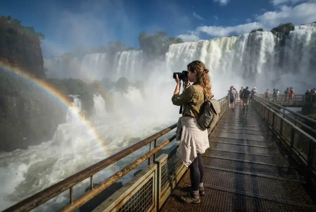 Solo female traveler on the walkway above Devils Throat at Iguazu Falls Argentina, massive waterfall cascade and rainbow visible in heavy mist, UNESCO World Heritage Site