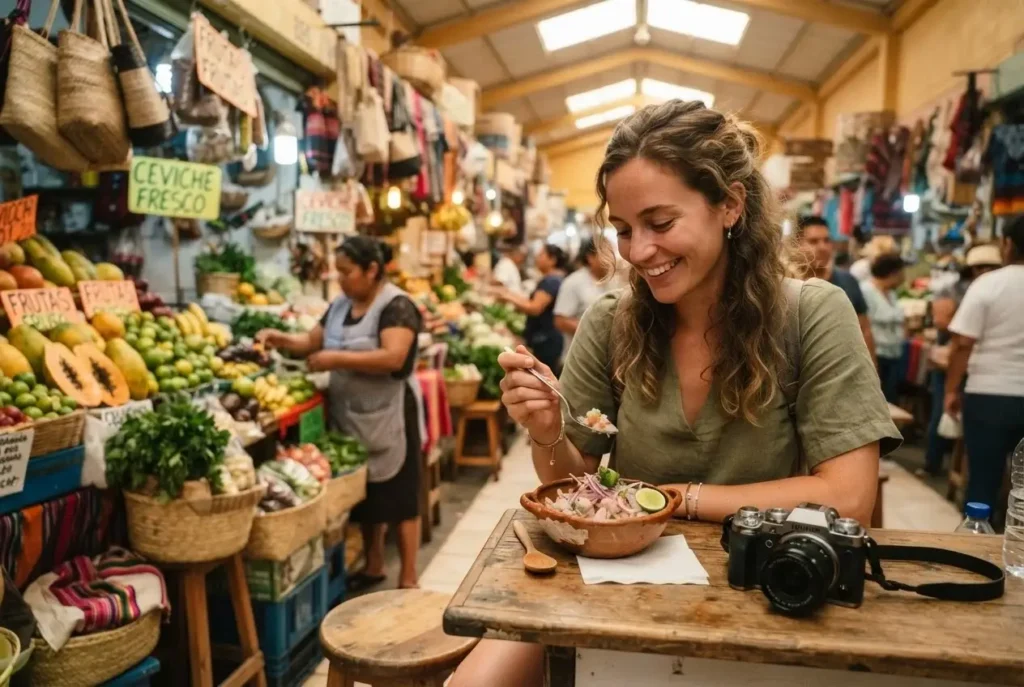 Solo female traveler eating at a colorful local food market stall in Latin America, vibrant street food scene with vendors and fresh produce in the background