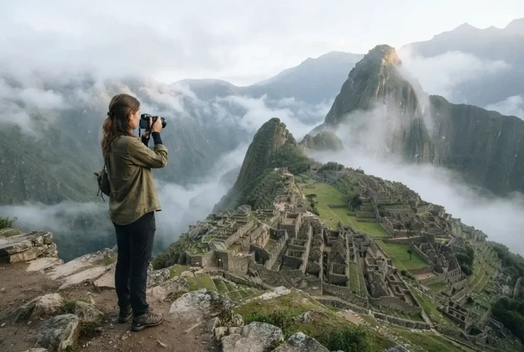 Solo female traveler looking out over the ancient Inca ruins of Machu Picchu Peru in misty early morning light with green mountain peaks in the background