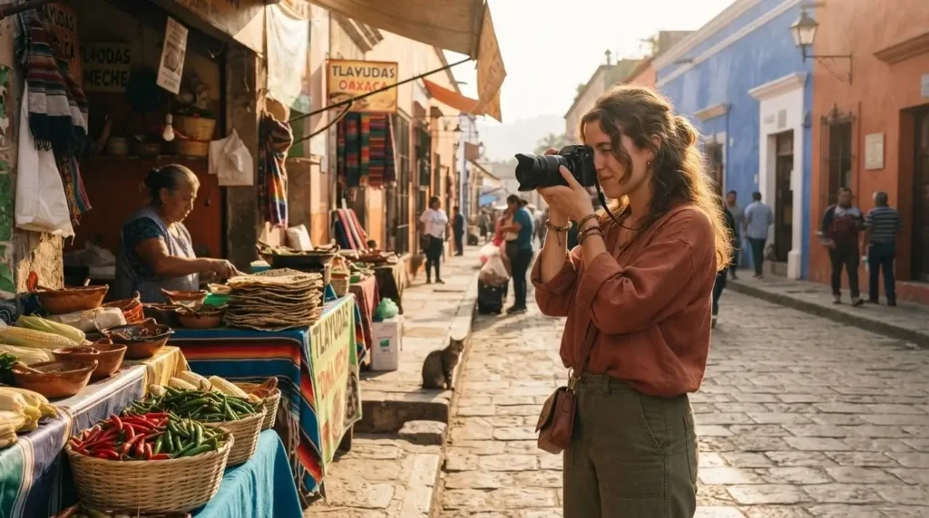 Solo female traveler photographing a colorful street food market stall in Oaxaca Mexico at golden hour with painted walls and fresh produce in the foreground