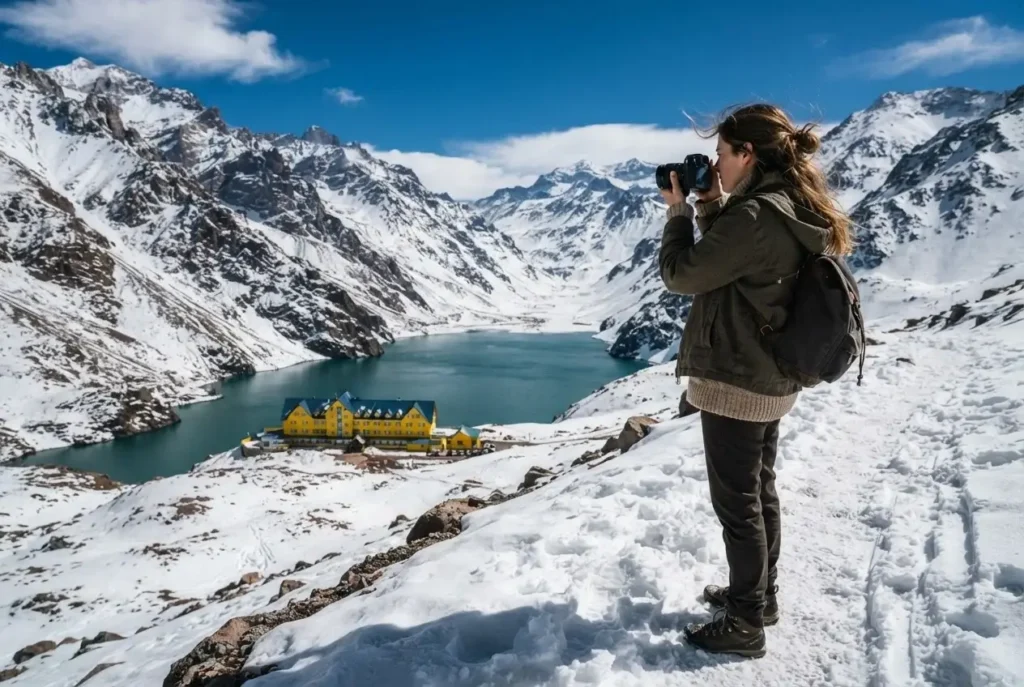 Solo female traveler looking out toward the iconic yellow Hotel Portillo and turquoise Laguna del Inca with snow-covered Andes mountains rising behind in mid-morning light