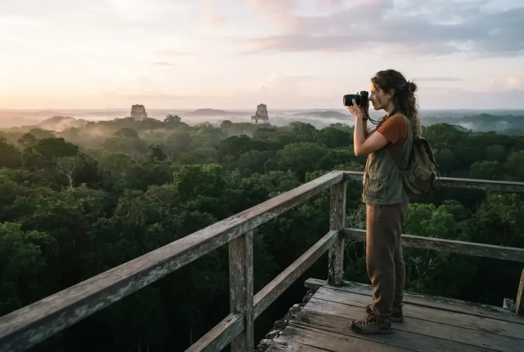 Solo female traveler photographing the jungle canopy from the top of Temple IV at Tikal National Park Guatemala, misty green treetops with ancient Maya pyramids visible at sunrise