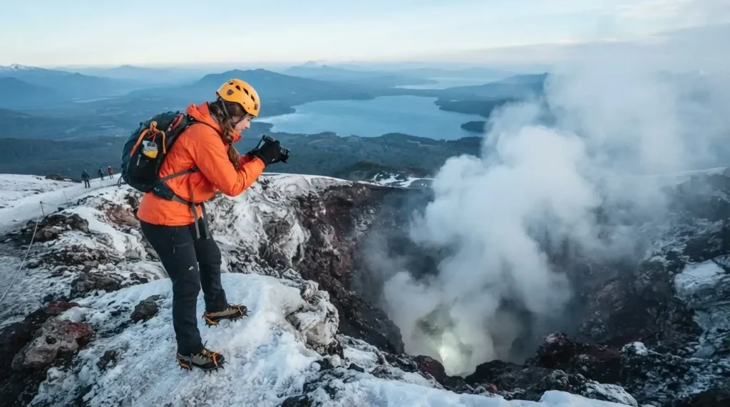 Solo female traveler standing at the crater rim of Villarrica volcano Chile wearing crampons and helmet with volcanic steam rising and Chilean Lake District visible below