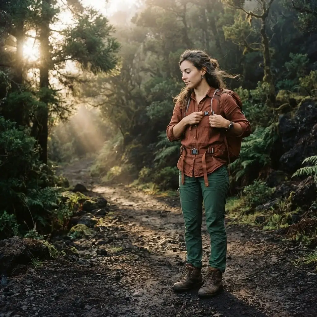 Solo female traveler adjusting her daypack straps at a volcanic trailhead at sunrise with misty forest trail ahead and soft golden morning light filtering through trees