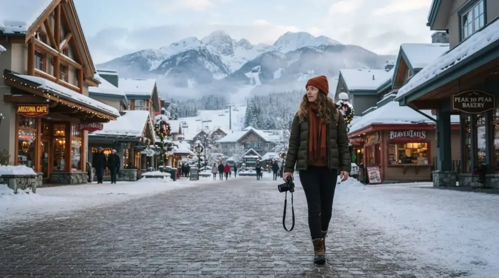 Solo female traveler walking through Whistler Village British Columbia in winter snowboard gear with snow-covered mountain visible in background