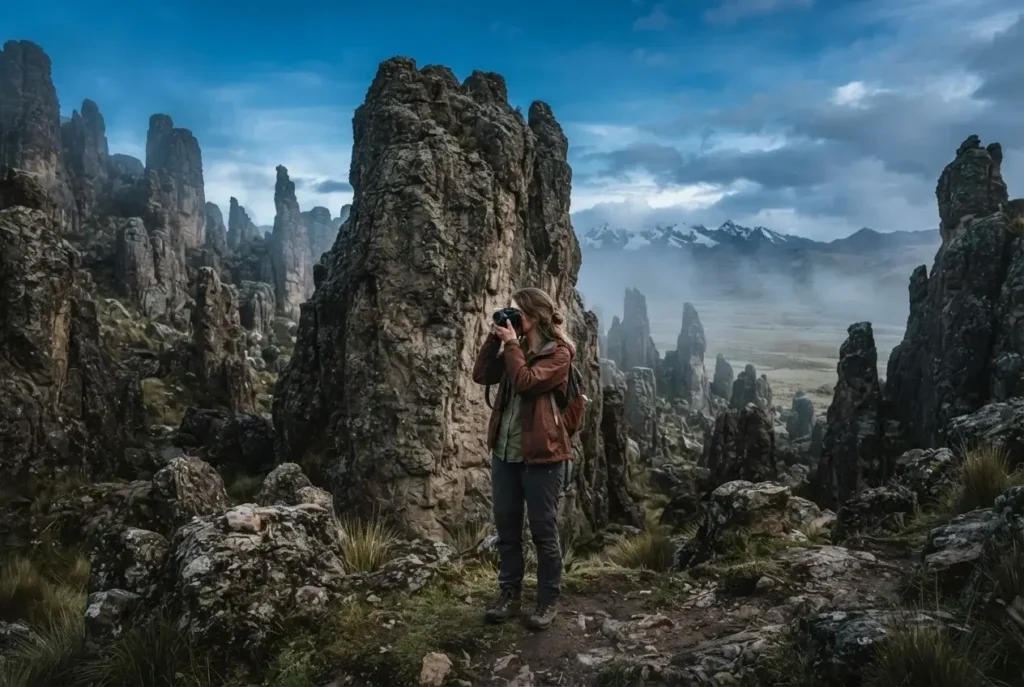 Female solo traveler standing among the volcanic rock formations of Hatun Machay Peru at high altitude with misty Andean plain stretching behind her