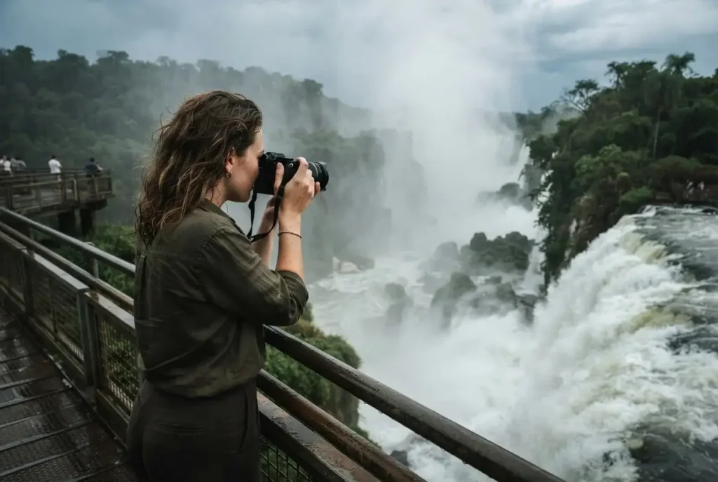 Solo female traveler leaning on a metal railing at the Devils Throat viewpoint at Iguazu Falls Argentina with massive cascading waterfalls and mist rising in afternoon light