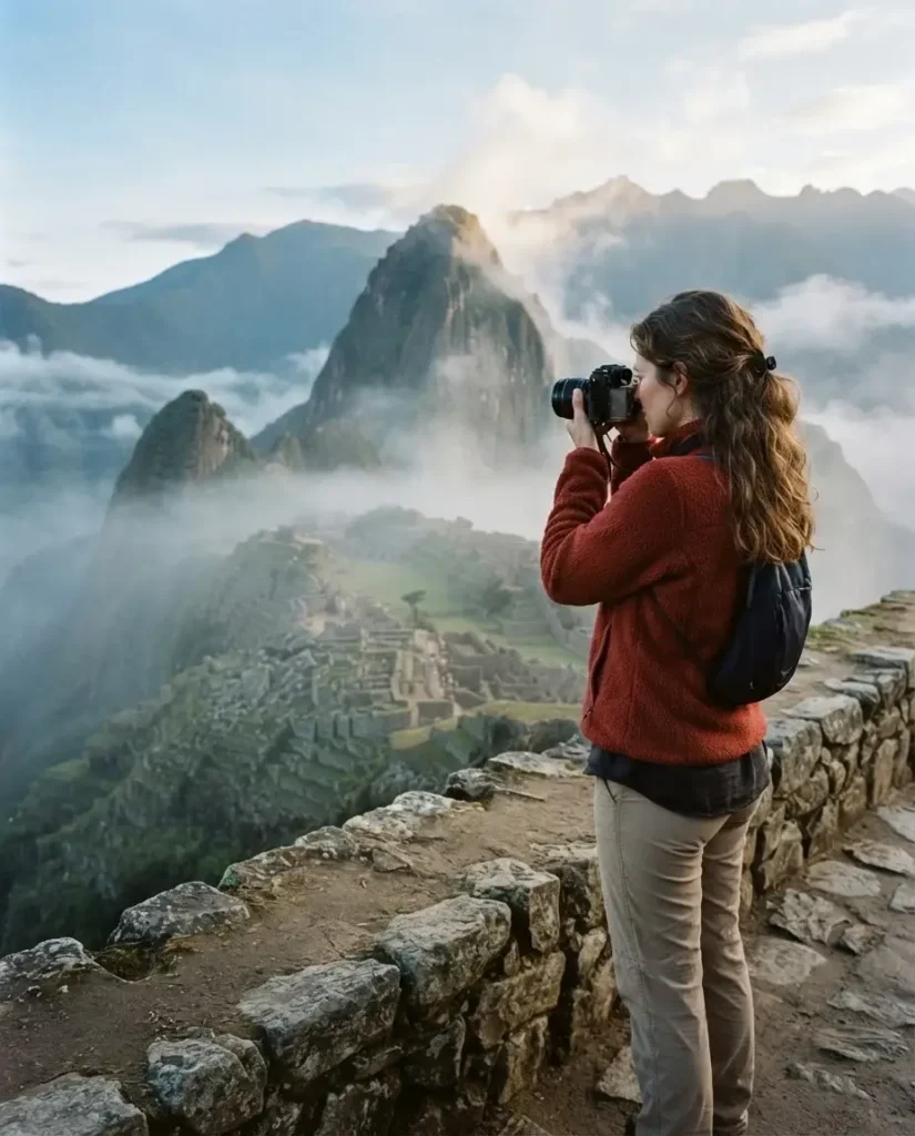 Solo female traveler looking out over the Machu Picchu ruins through early morning mist in the Peruvian Andes