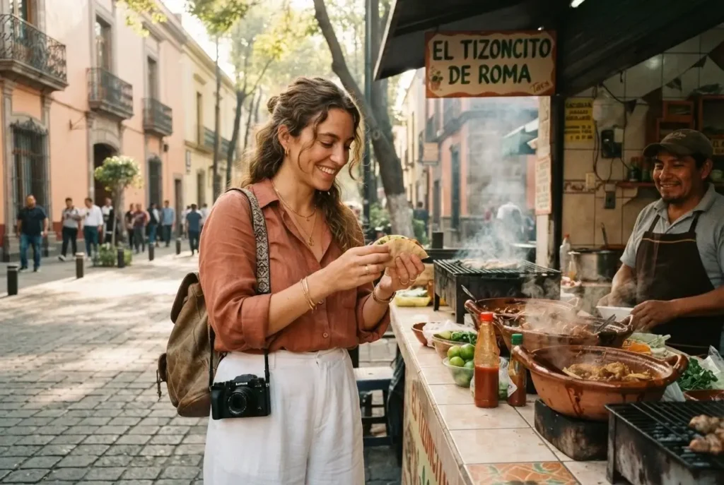 Solo female traveler exploring a morning street food market in Roma Norte Mexico City with colorful market stalls and local vendors
