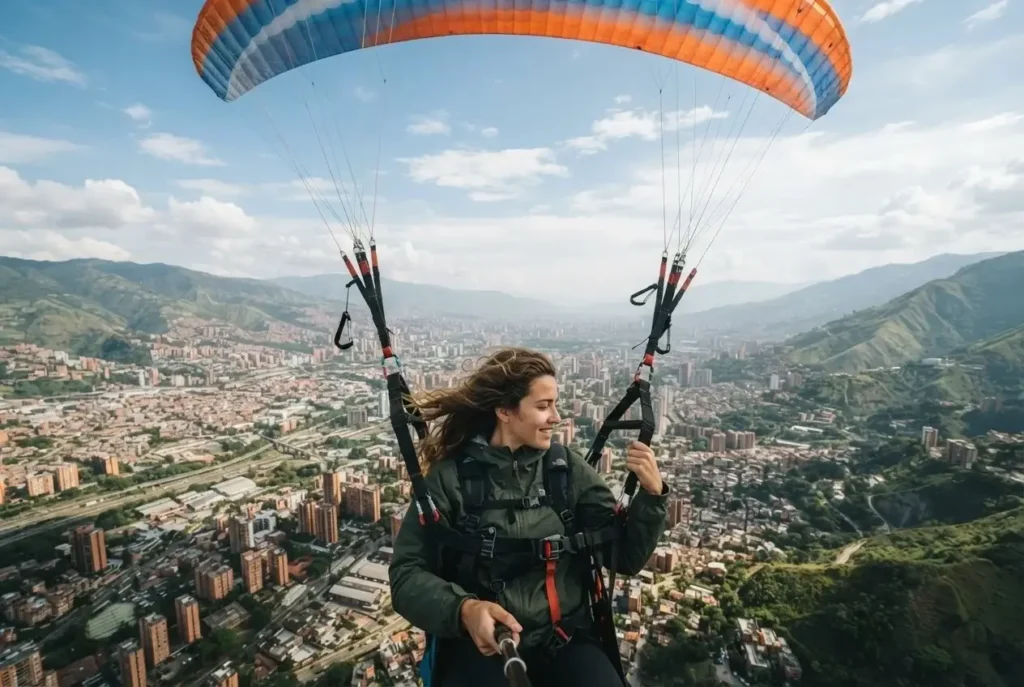 Paraglider soaring above the Valle de Aburra in Medellin Colombia with the city and surrounding Andean mountains visible below