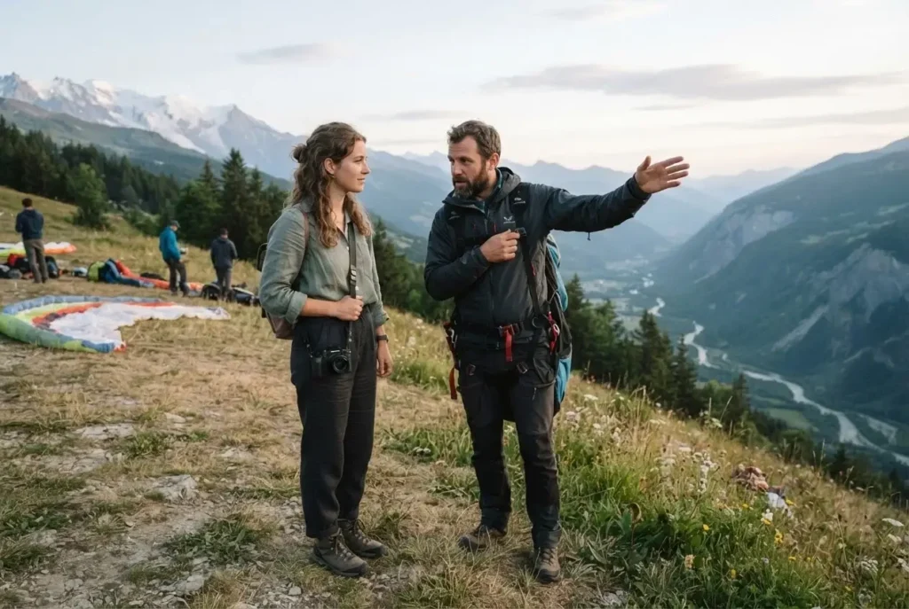 Female solo traveler receiving a pre-flight safety briefing from a certified paragliding pilot before a tandem flight at an outdoor mountain launch site