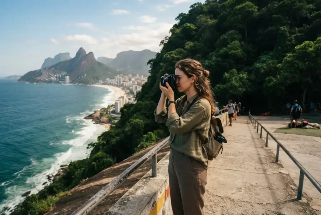 Female traveler photographing the view from Pedra Bonita launch ramp inside Tijuca National Park with Rio de Janeiro coastline and Two Brothers Hill visible below