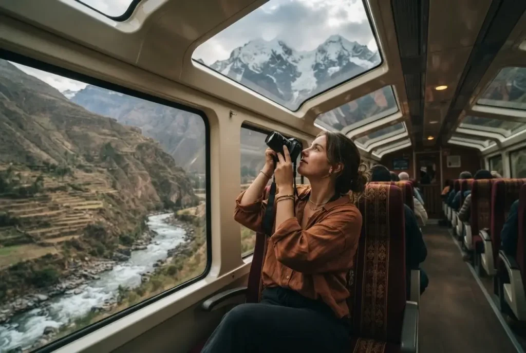 Solo female traveler photographing Andean mountain peaks through the panoramic glass ceiling of a PeruRail Vistadome train car in Peru's Sacred Valley