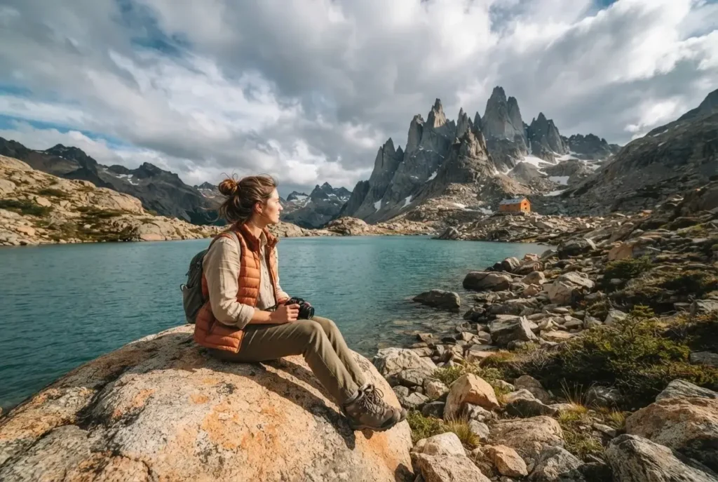 Solo female traveler with mirrorless camera at Refugio Frey Bariloche Argentina looking across Laguna Toncek toward granite spires under dramatic Patagonian sky