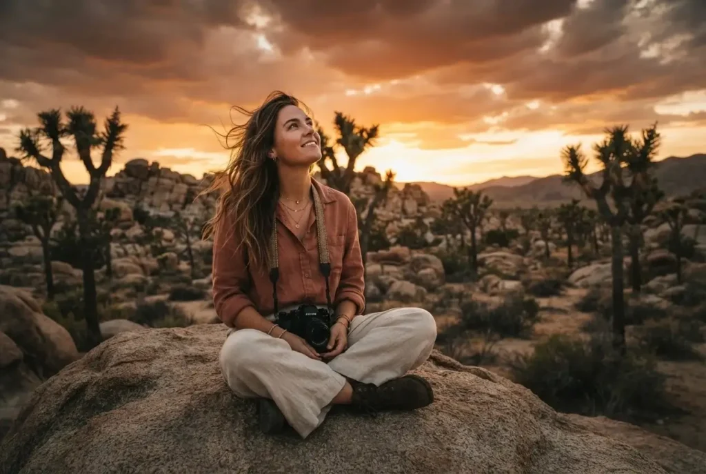 Young female solo traveler sitting cross-legged on top of a granite boulder in Joshua Tree National Park California at sunset, surrounded by Joshua trees and the warm amber desert sky