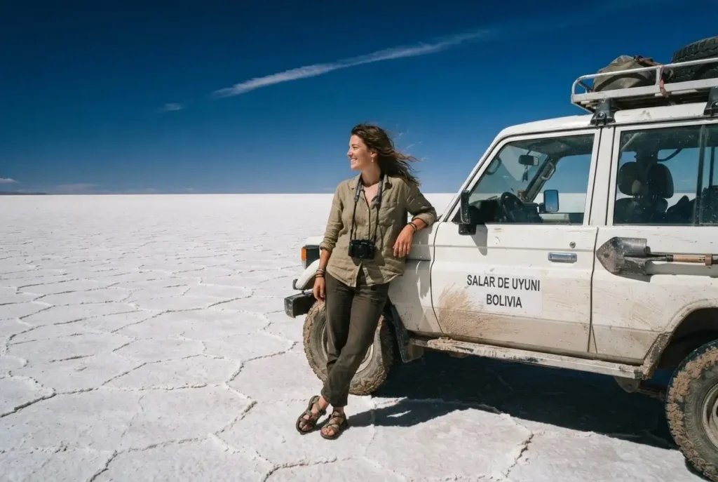 Female solo traveler leaning against a dusty 4x4 jeep parked on the vast white salt flats of Salar de Uyuni Bolivia under a deep blue Andean sky, the cracked hexagonal salt patterns stretching to the horizon in every direction