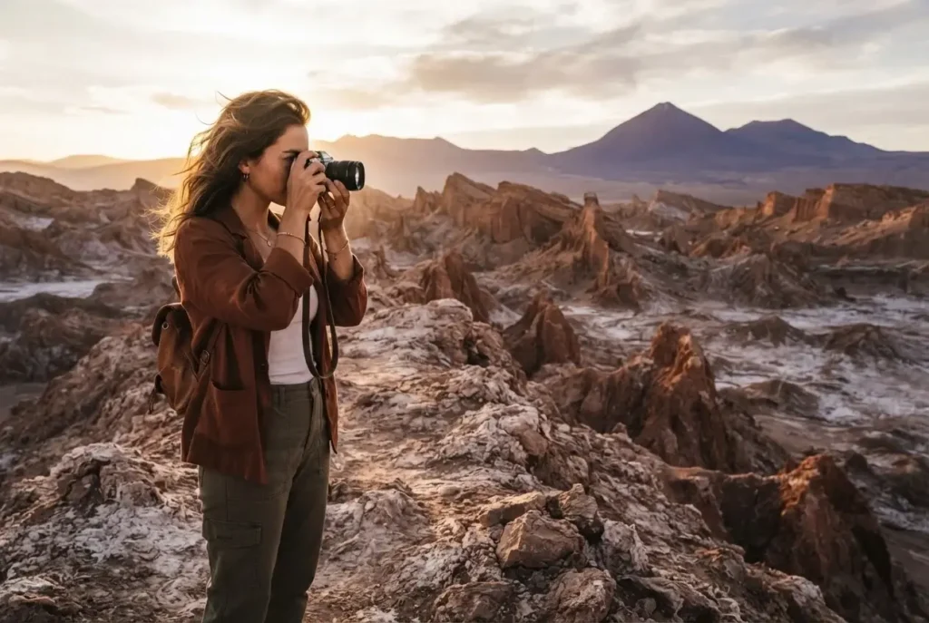 Young female traveler with a mirrorless camera standing among the salt and rock formations of Valle de la Luna in the Atacama Desert Chile, formations lit amber and deep orange at sunset, volcanic peaks in the distant background