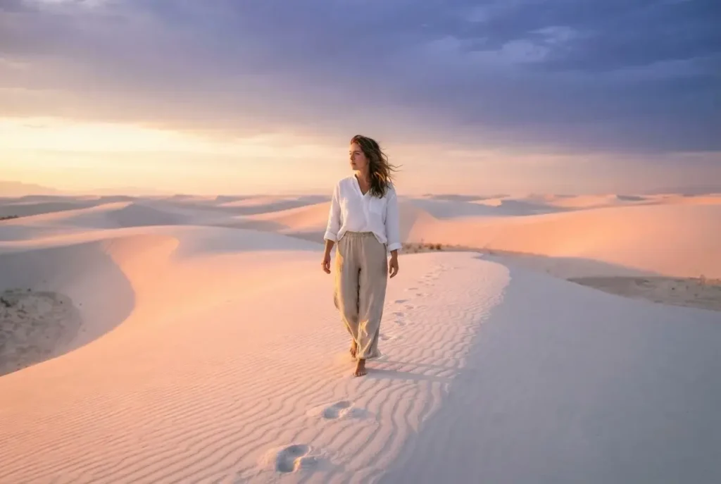 Female solo traveler walking barefoot across brilliant white gypsum dunes at White Sands National Park New Mexico at sunset, dunes glowing soft coral and rose in the evening light, vast empty landscape behind her
