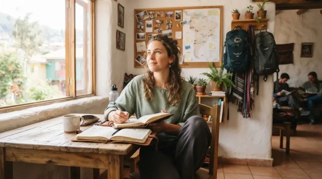 Solo female traveler sitting in a sunny hostel common area in South America, writing in a journal with a cup of coffee
