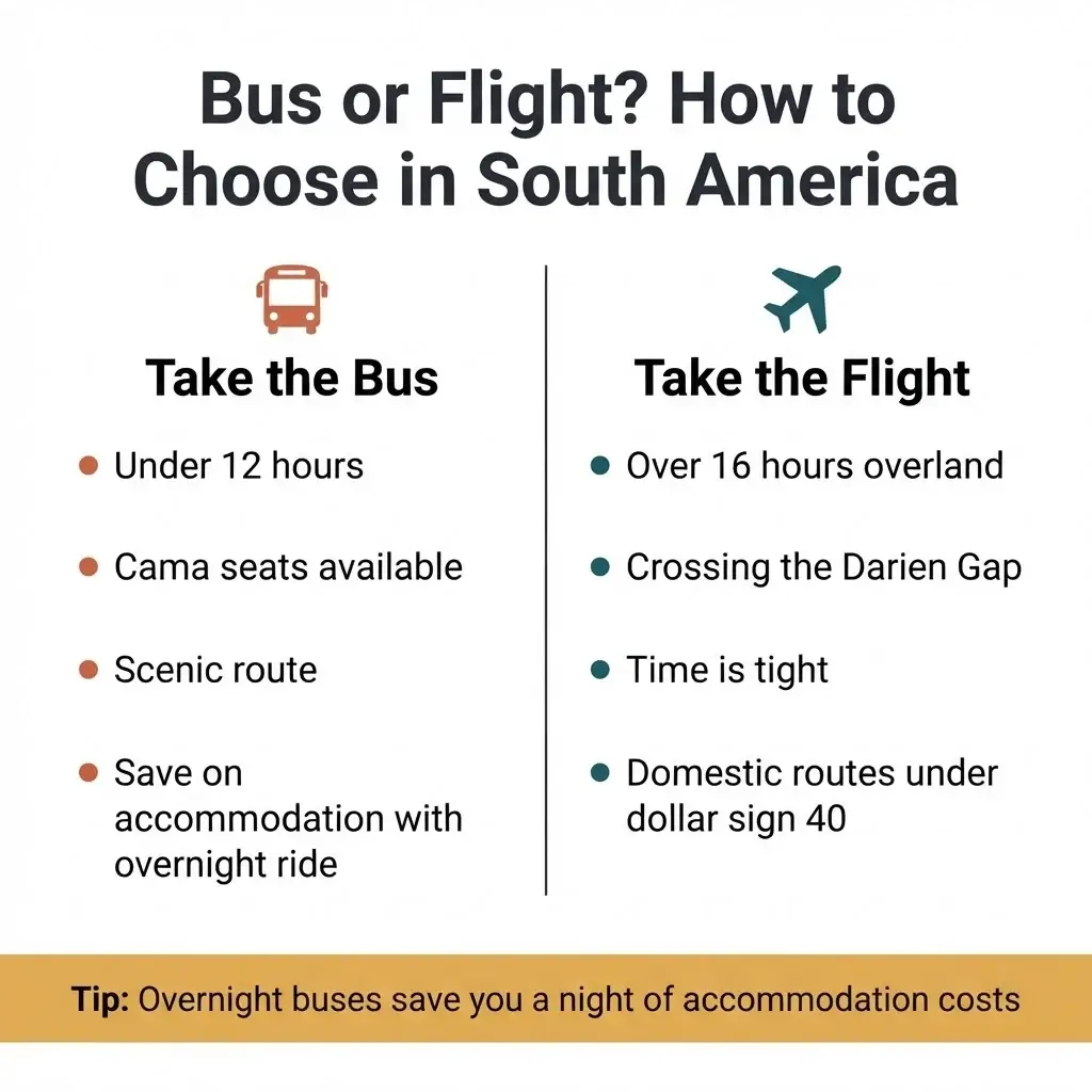 Infographic showing how to choose between bus and flight travel across South America with cost and time comparisons