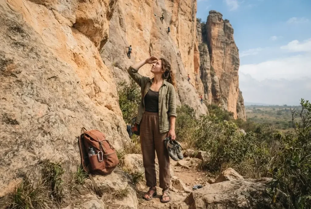 Young female solo traveler looking up at sandstone rock formations at Suesca Colombia on a bright morning, gear bag at her feet and climbing shoes in hand