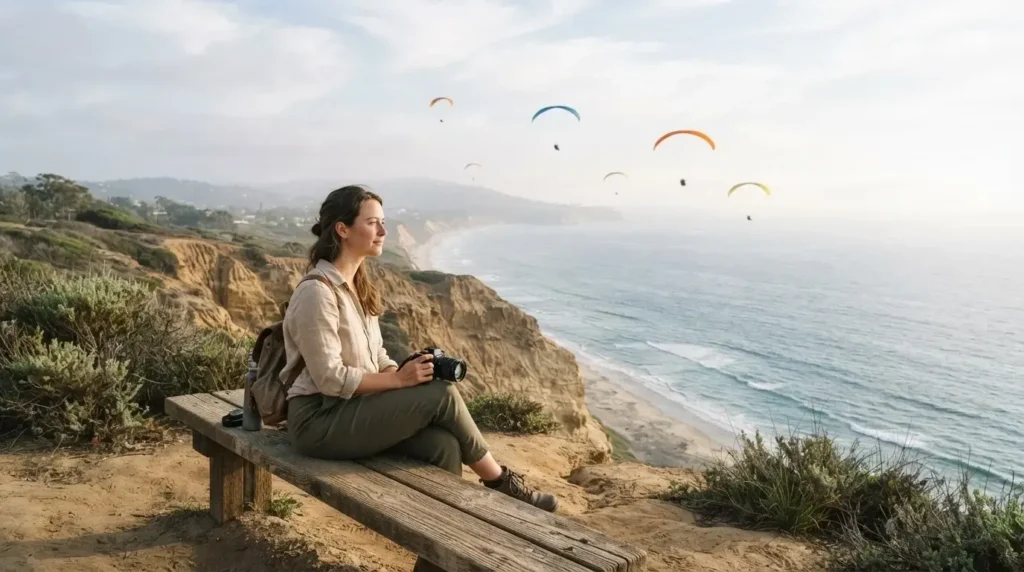 Female solo traveler watching paragliders launch over the Pacific Ocean from Torrey Pines Gliderport bluff in La Jolla San Diego California