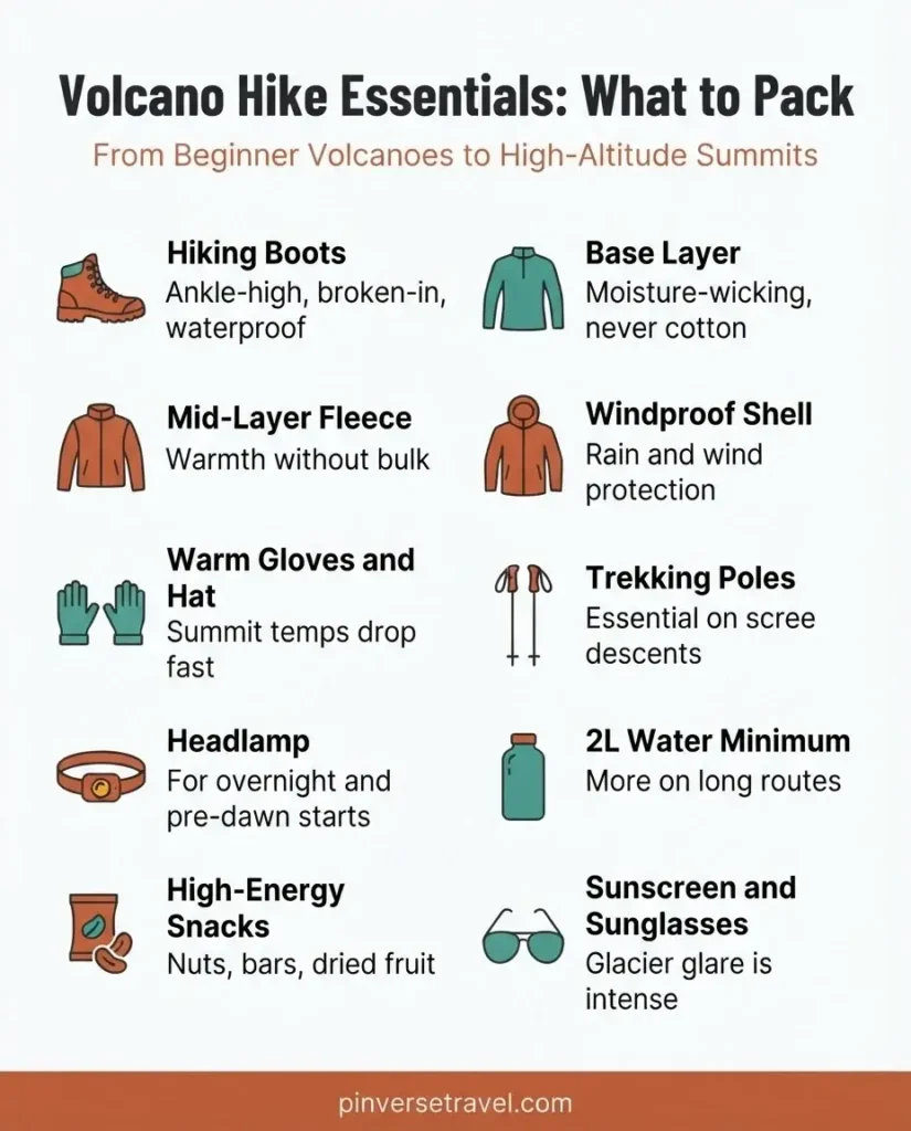 Flat vector infographic packing checklist for volcano hiking with icons for base layer fleece windshell hiking boots trekking poles water headlamp sunscreen and daypack