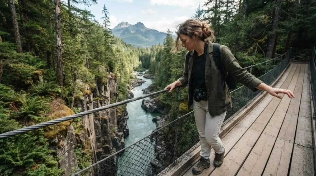 Solo female traveler gripping the railing of the Whistler Bungee bridge 160 feet above the glacial green Cheakamus River, surrounded by old-growth Pacific Northwest forest, British Columbia Canada