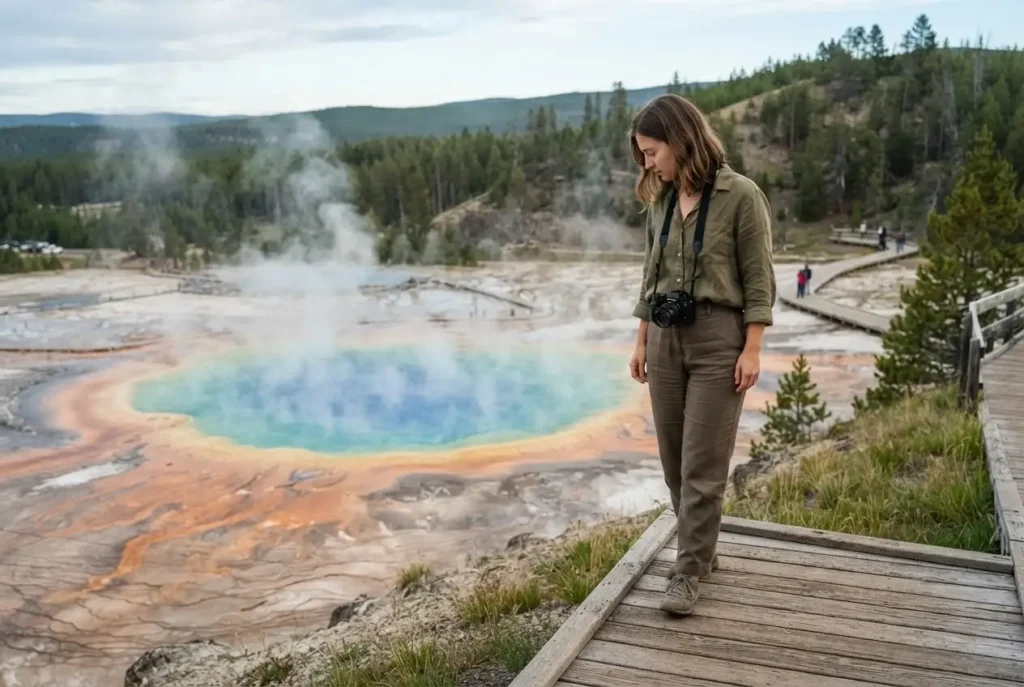 Solo female traveler standing at the Grand Prismatic Spring overlook trail in Yellowstone National Park with vivid blue and orange thermal pool below in morning mist